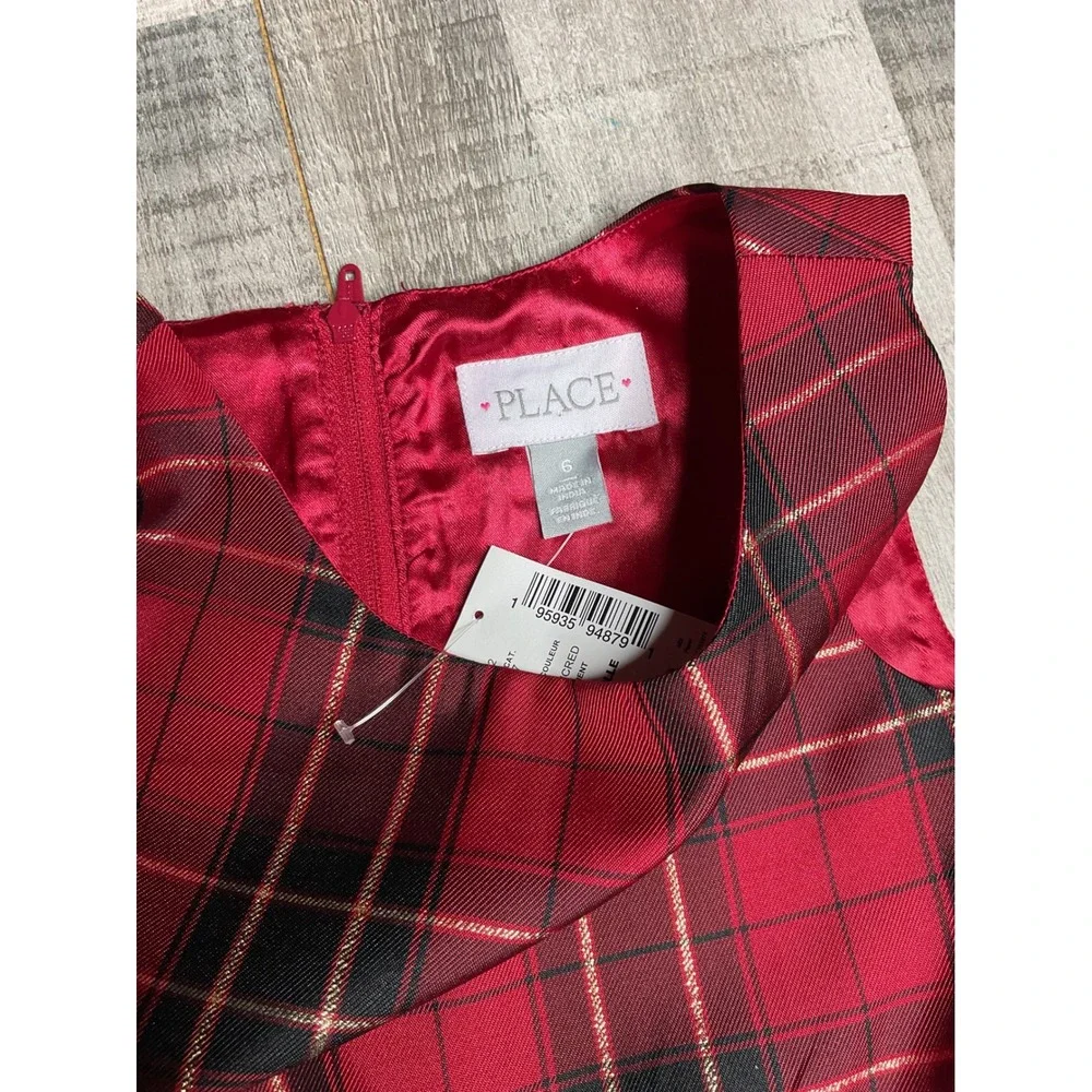 Childrens Place Girls Red Plaid Gold Metallic Holiday Party Dress Size 6 NWT